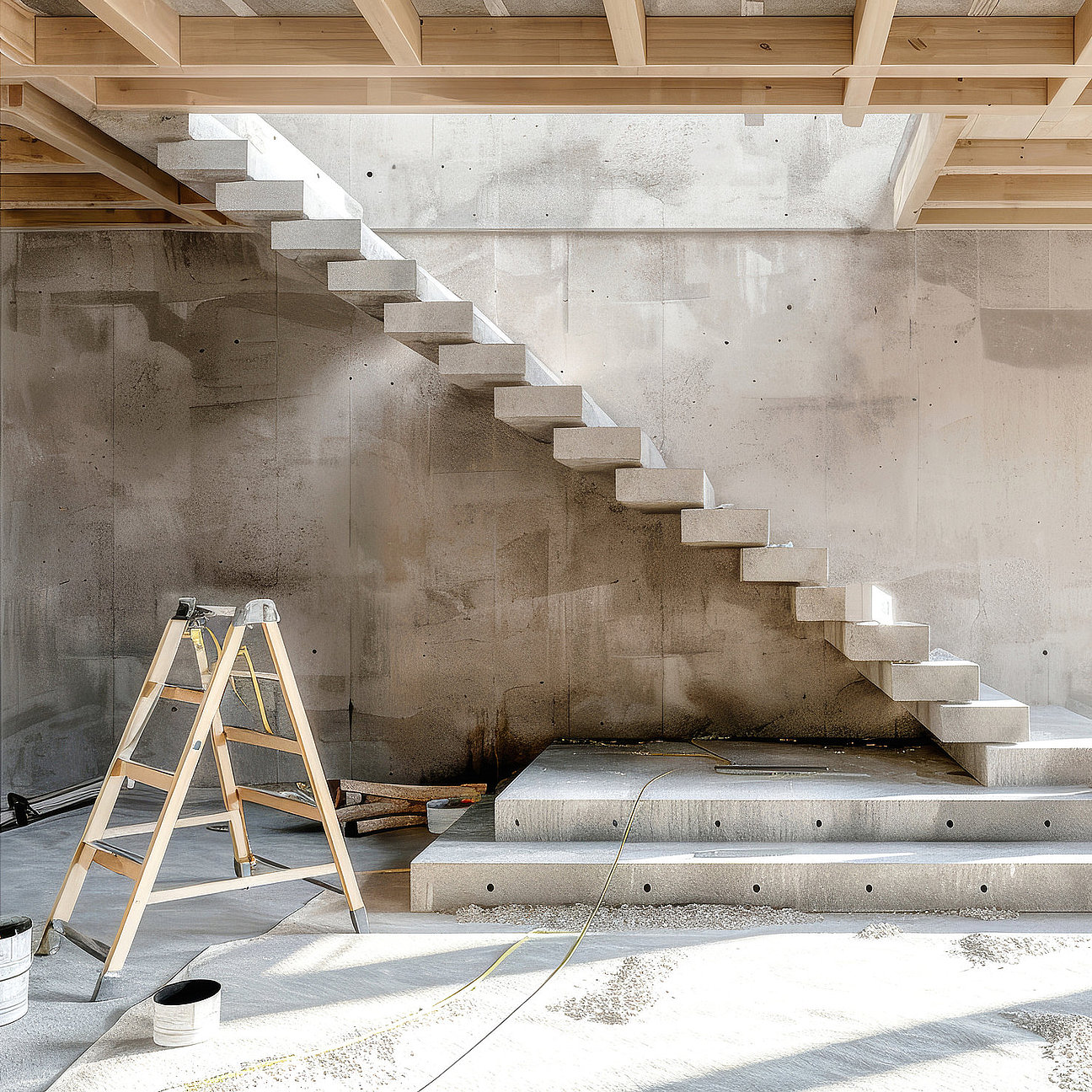 A wooden staircase takes shape in a bright apartment, surrounded by tools as the renovation progresses under natural light Professionelle Renovierung von Treppenhaus und Gemeinschaftsflächen - Crössmann Baudekoration