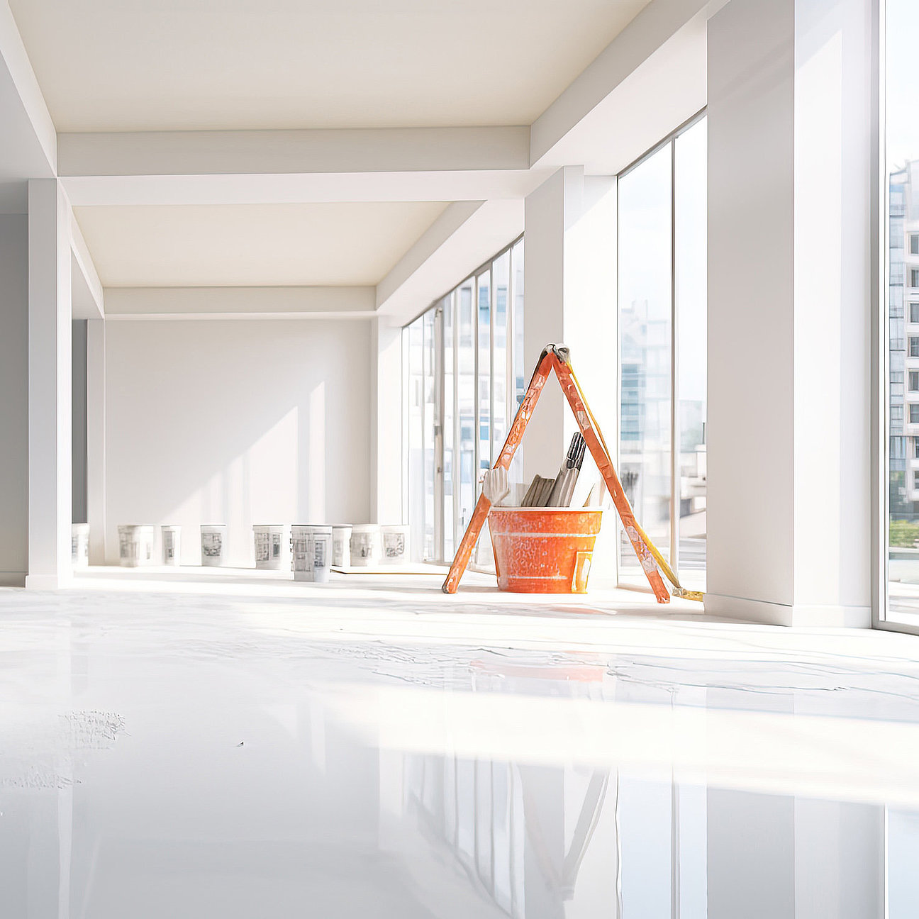 construction site of home renovation with paint and primer jerry buckets, ai generated Büro mit neuer Wandgestaltung - repräsentativ und funktional zugleich