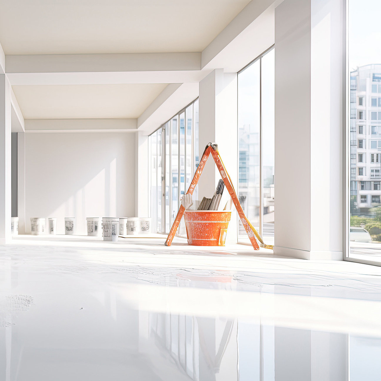 construction site of home renovation with paint and primer jerry buckets, ai generated Malermeister beim Streichen einer Decke - saubere Kanten und gleichmäßiger Glanz
