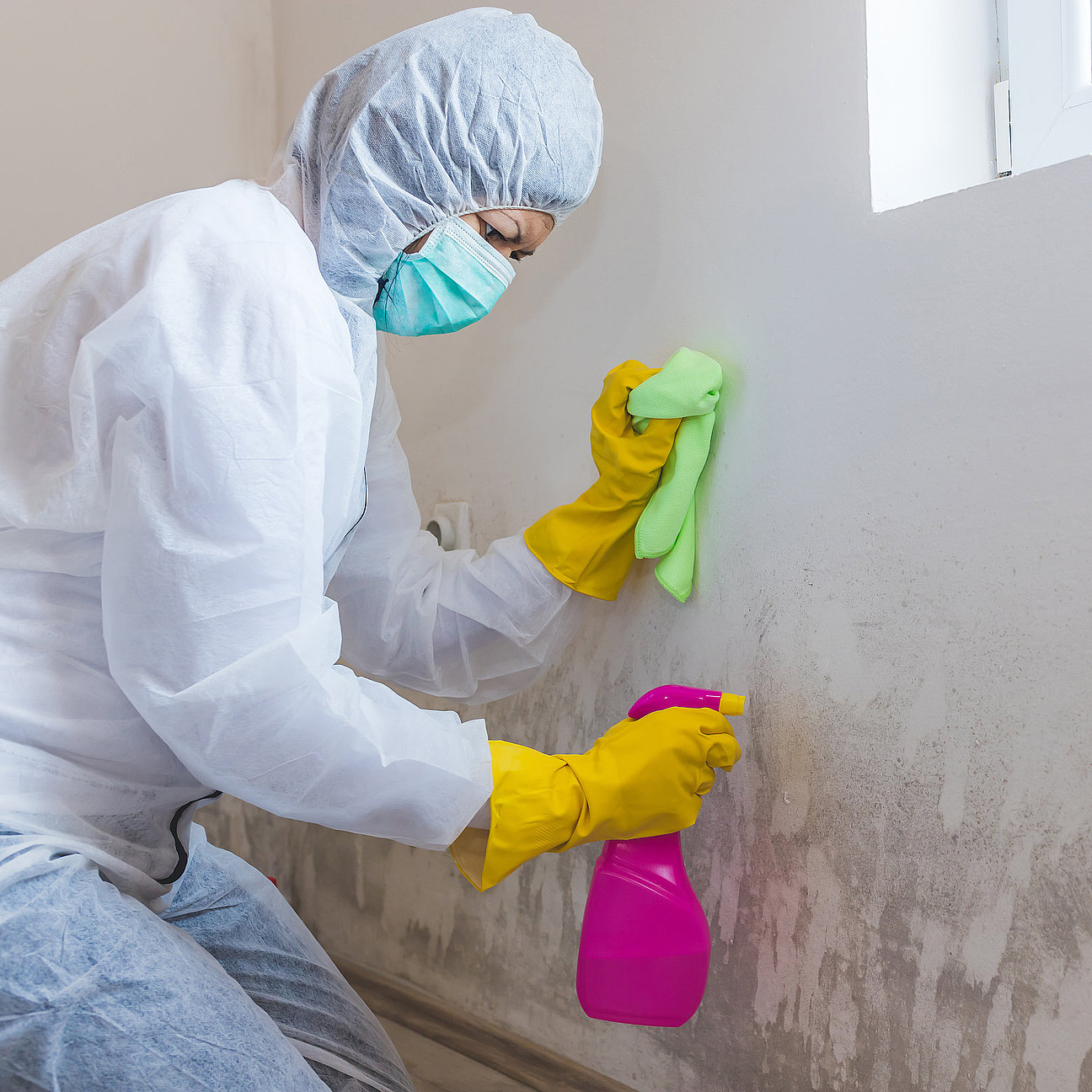 Close up of a female worker of cleaning service removes mold from wall using spray bottle with mold remediation chemicals Professionelle Schimmelbehandlung und Sanierputzarbeiten in Einhausen - Crössmann Baudekoration