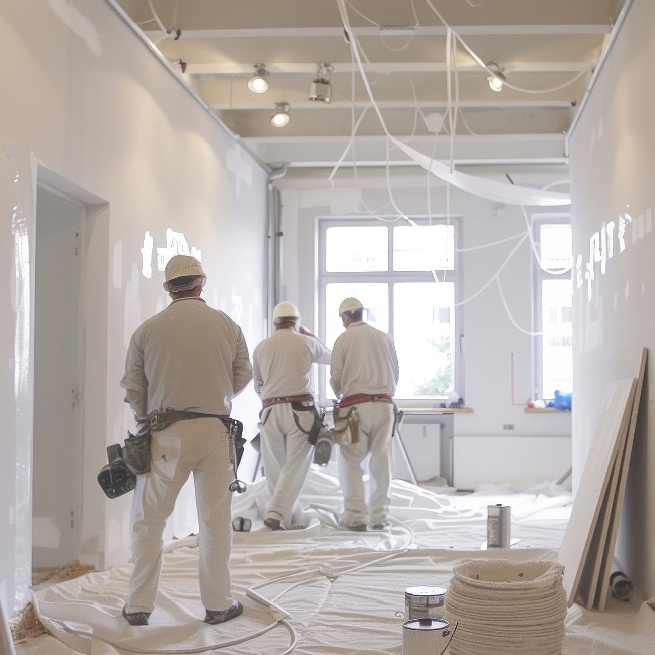 A team of painters carefully priming the walls of a newly renovated office space. Putzarbeiten an Neubaufassade - wetterbeständiger Außenputz in heller Struktur