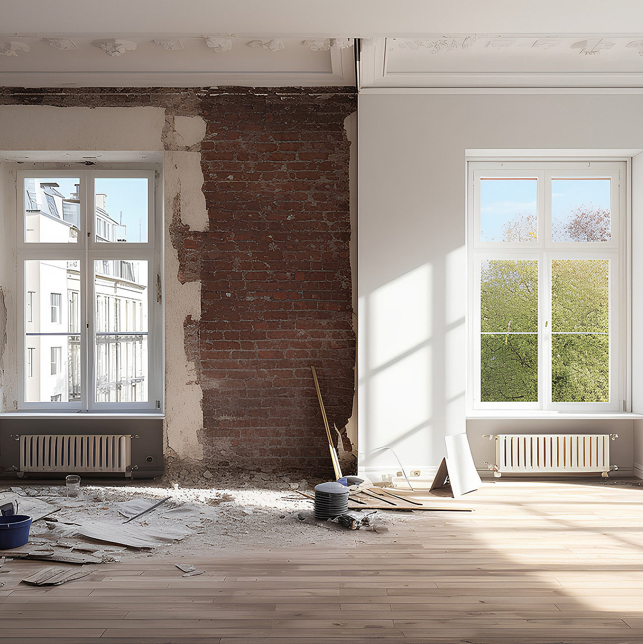 Renovated rooms with spacious windows and heating systems, both before and after the restoration process. Examination of the differences between an old apartment and a newly renovated residence. Renovierung eines Altbaus - präzises Arbeiten am Bestand