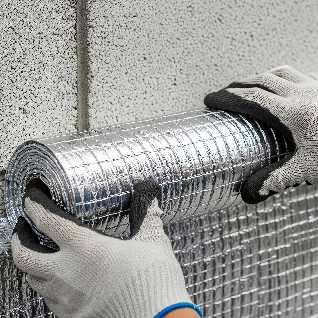 Close-up of hands in gloves installing silver insulation roll on a light gray brick wall, showcasing home improvement and construction work Professionelle Fassadendämmung und Vollwärmeschutz - Crössmann Baudekoration