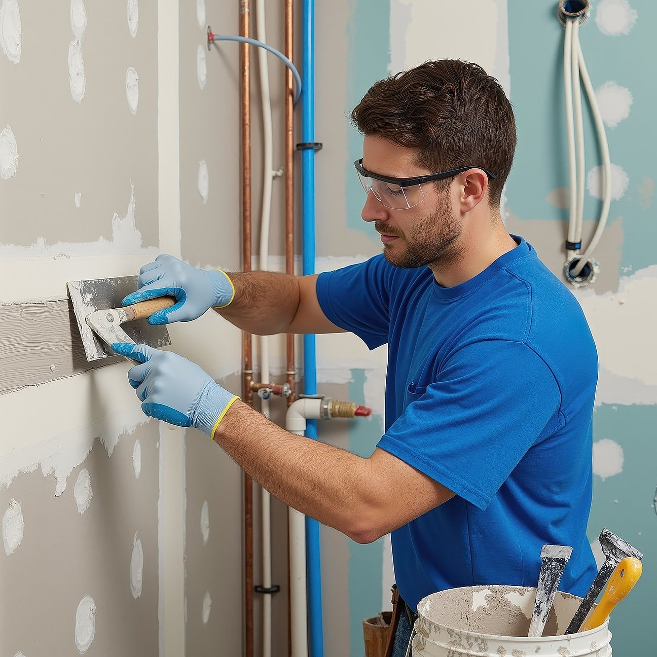 Construction worker plastering a drywall seam with a trowel. Man working on a home improvement and renovation project. Copy space. Baustoffe für energetische Sanierung und Vollwärmeschutz vorbereitet zur Montage