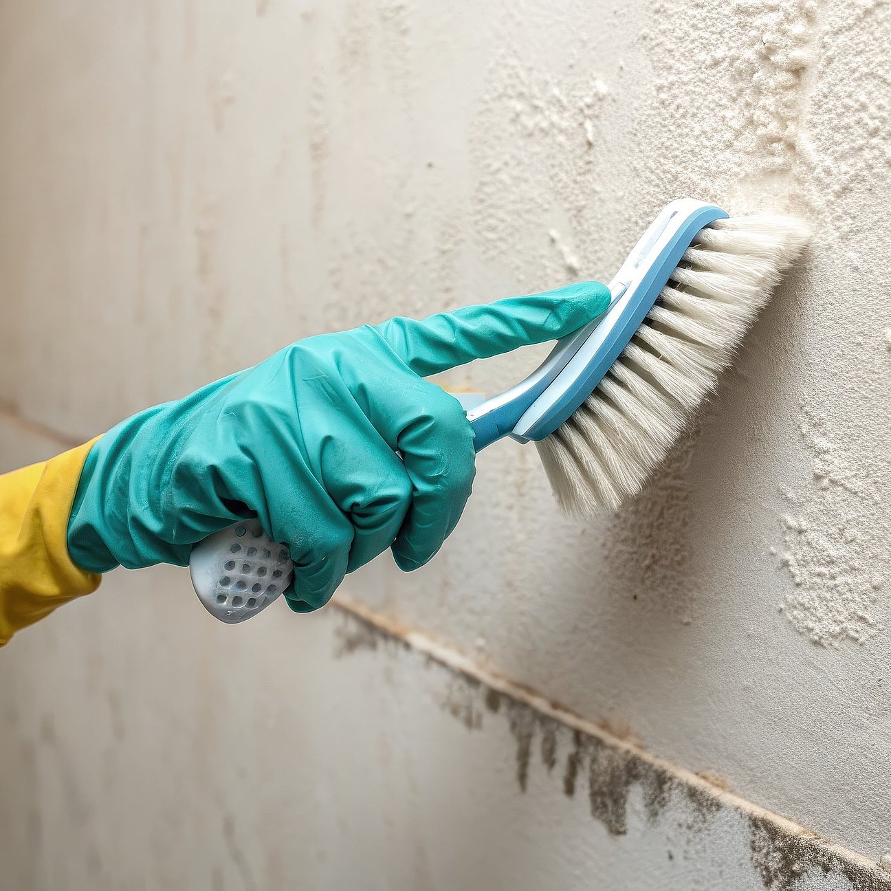 Cleaning Moldy Wall with Scrub Brush and Gloves Reinigung einer verschimmelten Wand mit Spezialreiniger und Bürste