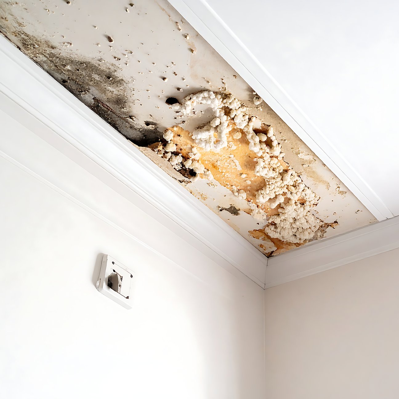 Water-damaged ceiling showing discoloration and deterioration Sichtbare Schimmelflecken und Ausblühungen