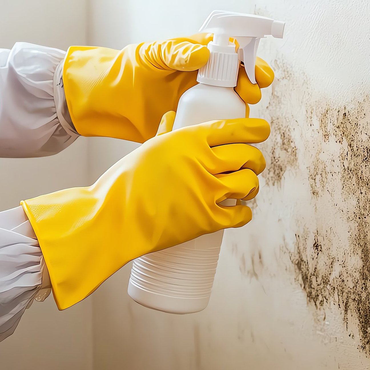 Removing mold from wall with spray cleaner. Handwerker entfernt Schimmel von Wand - nachhaltige Sanierung vom Fachbetrieb