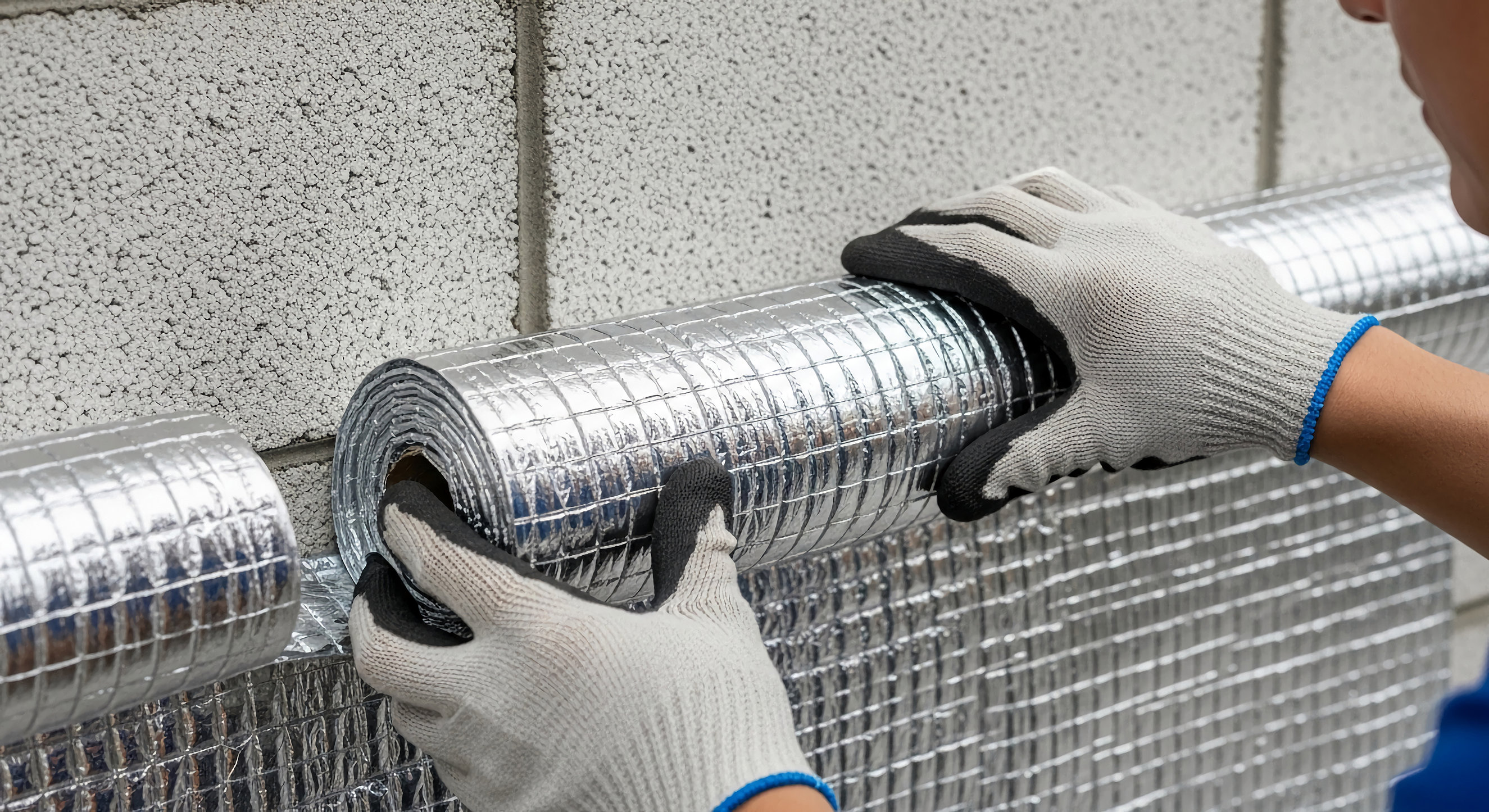 Close-up of hands in gloves installing silver insulation roll on a light gray brick wall, showcasing home improvement and construction work Professionelle Fassadendämmung und Vollwärmeschutz - Crössmann Baudekoration