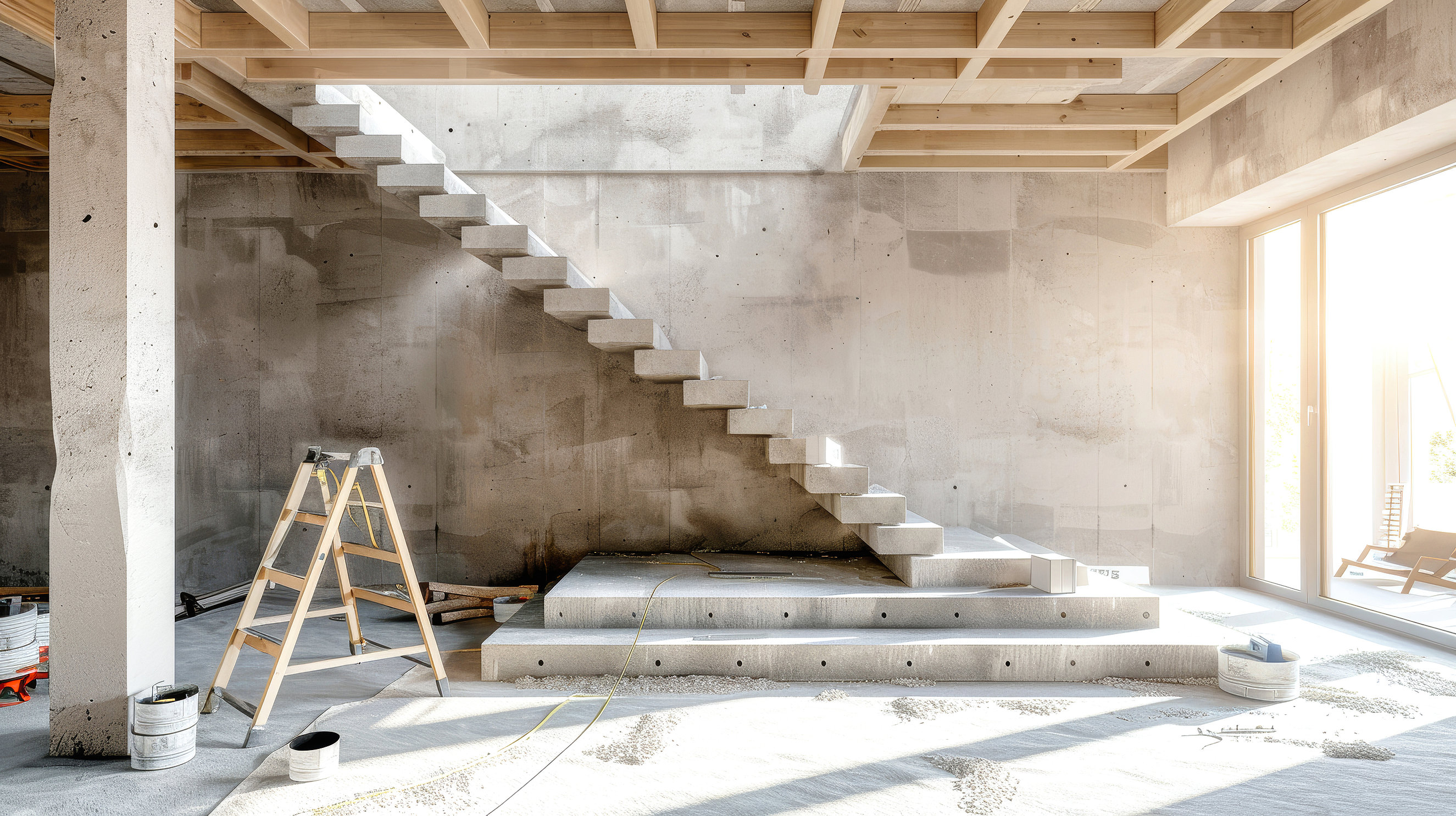 A wooden staircase takes shape in a bright apartment, surrounded by tools as the renovation progresses under natural light Professionelle Renovierung von Treppenhaus und Gemeinschaftsflächen - Crössmann Baudekoration Einhausen